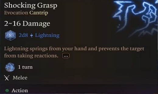 Baldur's Gate 3 Shocking Grasp spell effects and how to get the spell.