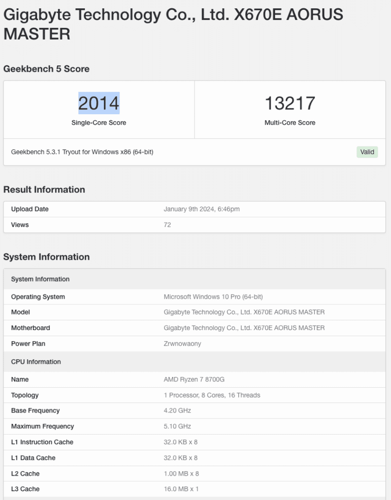 AMD Ryzen 7 8700G Geekbench 5 benchmark